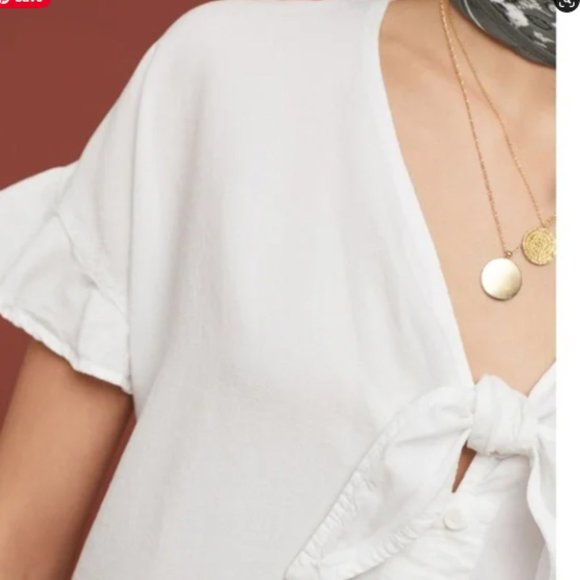 ANTHRO I White Tie V-Neck Button Down Short Sleeve Blouse by Cloth & Stone, S - Picture 6 of 14